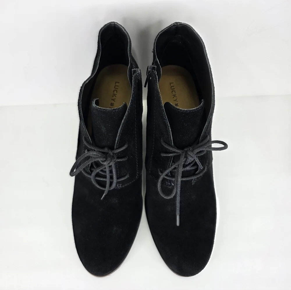 Lucky Brand Ankle Booties Shylow Women’s Black Wedge Suede Lace Up Zip Size 10M‎